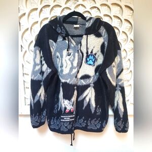 Reclaimed Vintage Guatamalen Wool Zipper Wolf Hoodie Jacket Patches Small
